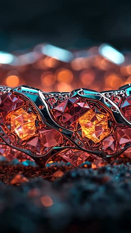 Vertical Macro Video Capturing Ornate Ruby Lattice Band with Metallic Facets and Bokeh