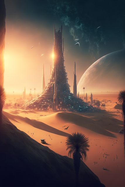 This image captures a stunning futuristic cityscape set in a vast desert during dusk. A towering structure dominates the horizon, surrounded by other intricate buildings, illustrating advanced technology and engineering. Celestial bodies hover in the background, adding to the surreal and otherworldly atmosphere. This visual can be used for sci-fi book covers, animated and fantasy films, video game backgrounds, and tech-related creative projects seeking to evoke a sense of futuristic marvel and exploration.