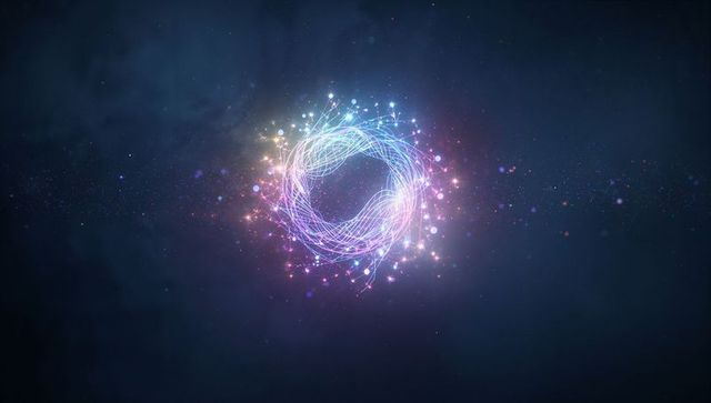 Glowing neon light ring in cosmic digital space