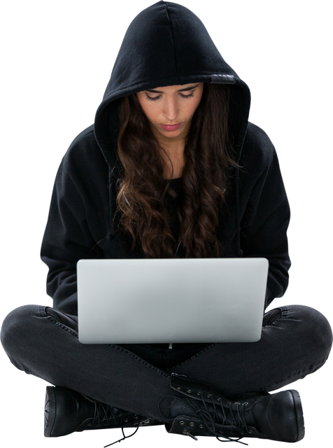 Transparent Image of Young Female Hacker Using Laptop in Black Hoodie - Download Free Stock Videos Pikwizard.com