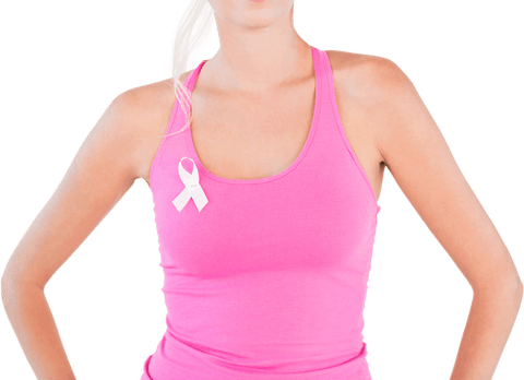 Woman wearing pink shirt with breast cancer awareness ribbon transparent background