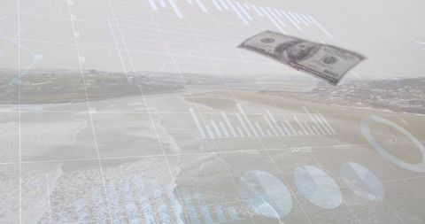 Global business dashboard with coastal landscape and banknote