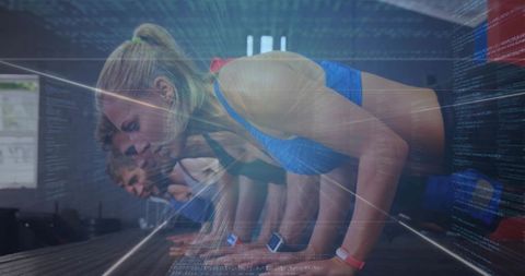 Group fitness holding planks with smartwatches and digital data overlay