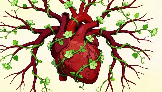 Anatomical heart entwining with green vines and flowers, botanical vascular concept art