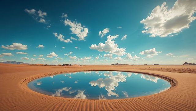 Circular Desert Oasis Reflecting Clouds Under Bright Blue Sky