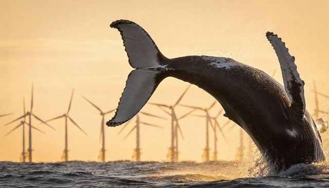 Leaping humpback whale breaching with fluke and pectoral fin against offshore wind farm