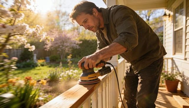 Man sanding porch railing with orbital sander in sunlit spring garden diy project