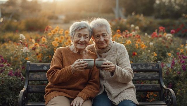 Senior women sipping tea on bench amid autumn garden during golden hour