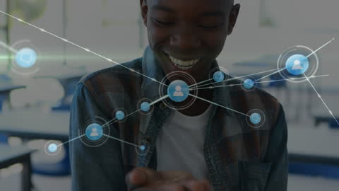 Smiling Boy Engaging with Digital Social Network Graphics