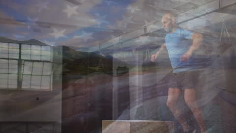 Fit Man Training in Gym with USA Flag Overlay, Sporting Passion