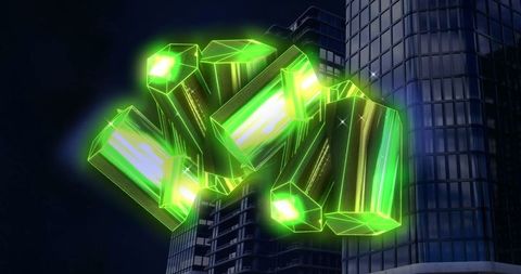 Digital green crystals glowing over modern cityscape backdrop