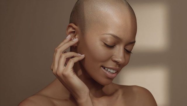 Smiling bald woman touching jawline with glowing skin, serene minimalist portrait, soft window light
