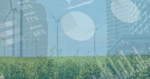 Wind Turbines and Urban Skyline with Data Overlay for Renewable Energy