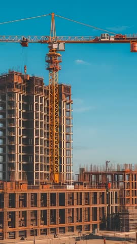 Vertical video showing tower crane rotating and lowering bucket at high-rise construction