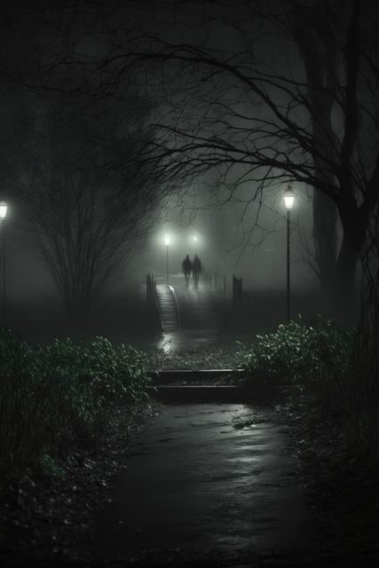 Mysterious pair walking on foggy path at night. Mist creates an eerie and atmospheric scene, perfect for themes involving mystery, suspense, or the supernatural. Ideal for book covers, thriller movie posters, or Halloween-themed designs.