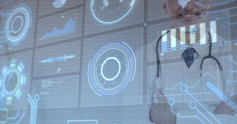Doctor crossing arms behind holographic medical interface showing clinical analytics