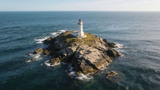 Lighthouse standing on rocky islet with winding path, crashing waves and open sea horizon