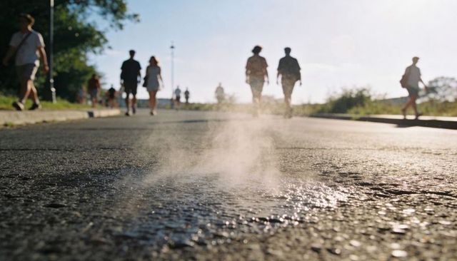 Steaming asphalt on sunlit promenade with backlit walkers, heat haze and lens flare