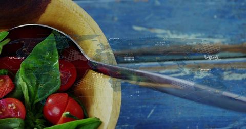 Combining rustic cherry tomato basil bowl and spoon with global map technology overlay