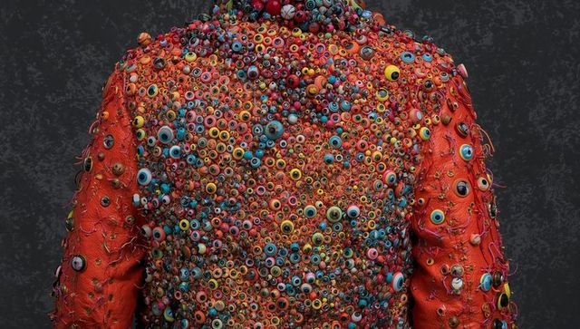 Ornate red beaded jacket back view textured multicolor embellished outerwear couture