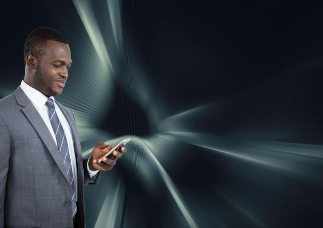 Business professional in formal suit using smartphone against dark futuristic virtual background. The image is excellent for demonstrating technology in business settings, mobile networking, modern corporate environments, and digital communication concepts.