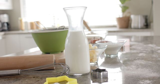 Rustic Kitchen Prep with Fresh Milk and Baking Ingredients on Counter - Download Free Stock Images Pikwizard.com