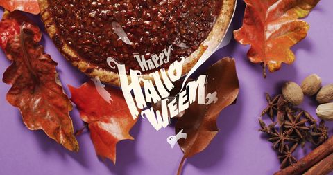 Festive Halloween Greeting on Autumn Background with Pie