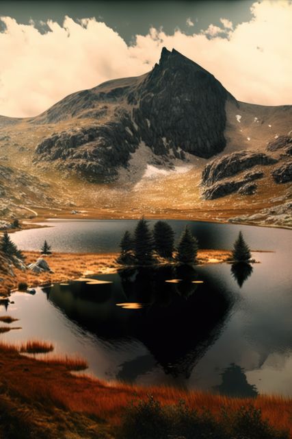 Picture depicting a calm alpine lake surrounded by rugged mountains at sunset. The tranquil waters reflect the surrounding forest and sky, creating a picturesque scene. Perfect for promoting outdoor adventures, nature travel, relaxation and serenity, as well as use in travel brochures, print materials, and websites featuring natural landscapes.