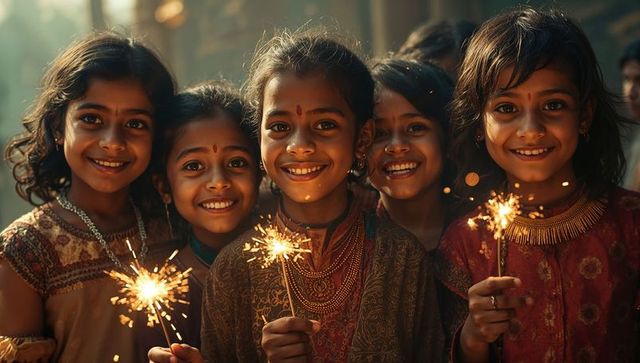 Joyful south asian girls celebrating with sparklers in festive courtyard