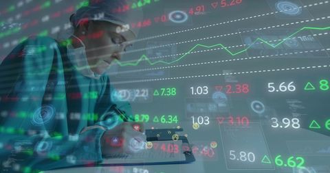 Surgeon Analyzing Medical Data and Stock Market Trends