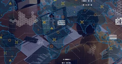 Women Collaborating and Analyzing Data on Laptop with Global Analytics Overlay for Teamwork