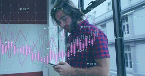 Young professional monitoring mobile trades by window with candlestick charts overlay