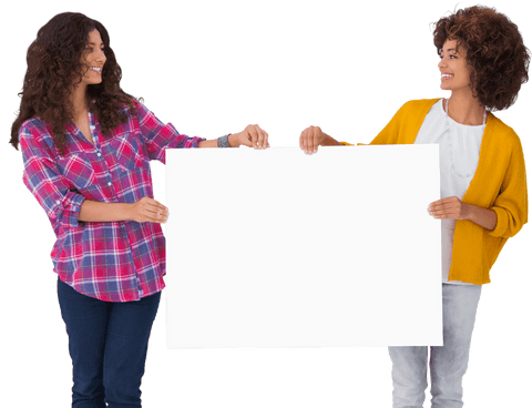 Two Women Holding Transparent Blank Card Smiling