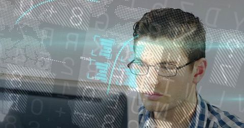 Professional Analyzing Holographic Data Interface in Office Space