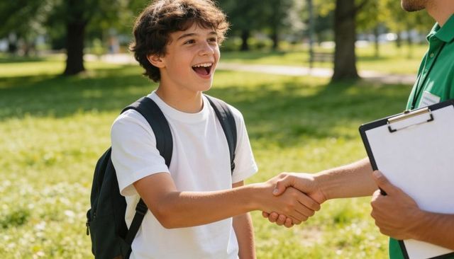 Smiling teen shaking hands with mentor on sunny park lawn, backpack and clipboard