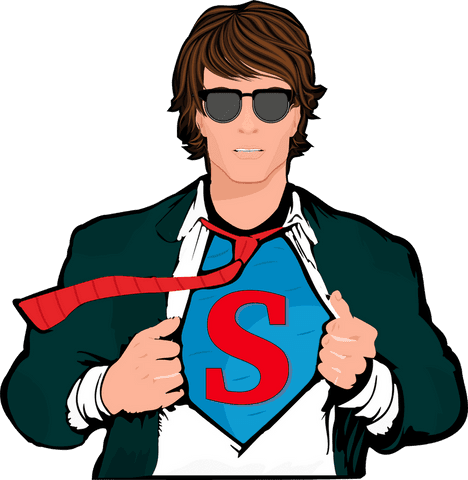 Superhero in stylish suit unveiling secret s logo, transparent background