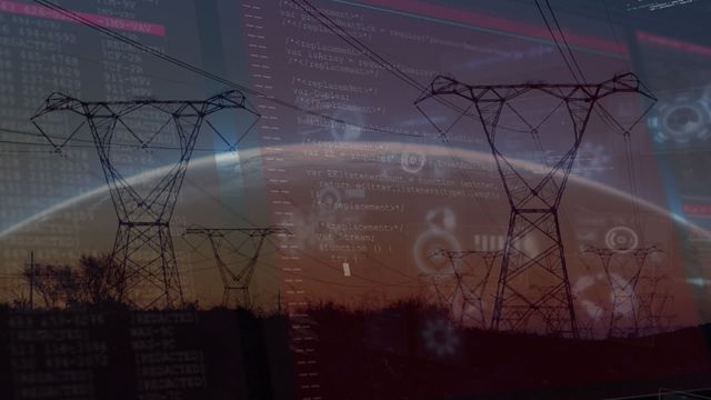 Visual showcasing the blend of electricity transmission towers and digital data interface, illustrating the intersection of traditional energy distribution and modern data processing technology. Ideal for content emphasizing innovative technological advancements in energy sectors, smart grid development features, and cybersecurity implications within the energy field.