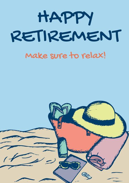 This image features a cheerful 'Happy Retirement' message with a beach theme, perfect for conveying a relaxing and joyful mood. Elements include a beach basket, sunhat, sunglasses, and other holiday accessories placed on the sand under a clear sky. Ideal for retirement greeting cards, this celebratory graphic evokes feelings of warmth, relaxation, and contentment. It can be used on social media posts, e-cards, or any retirement-related announcements to add a lively and inviting touch.