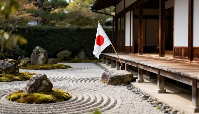 Leaning japanese flag by zen rock garden with raked gravel and moss