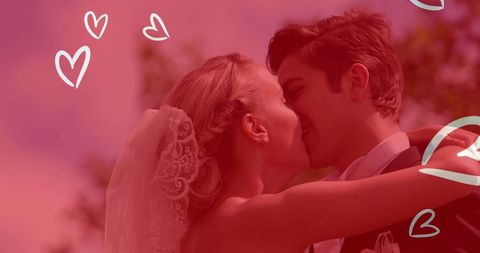 Romantic Wedding Kiss with Overlay of Hearts