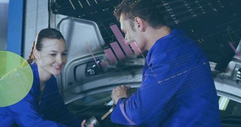 Technicians inspecting car trunk with wrench and digital diagnostic data overlay