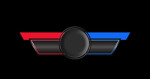Black emblem with red and blue ribbon on dark background