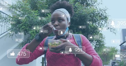 Young Woman Enjoying Lunch with Social Media Interaction Overlay