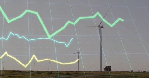 Windfarm performance graphs overlaying towering turbine rising over rural pasture data
