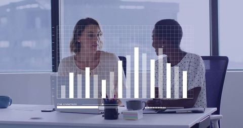 Business professionals analyzing data with digital diagram overlays