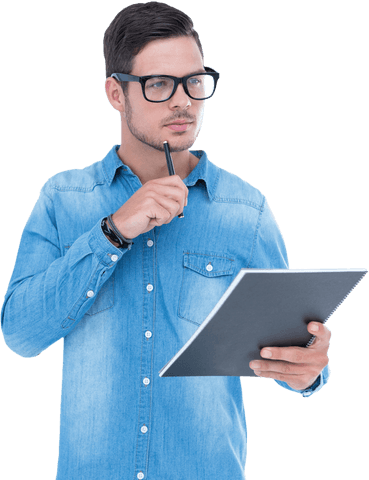 Transparent Thoughtful Man in Glasses Holding Pen and Notebook - Download Free Stock Videos Pikwizard.com