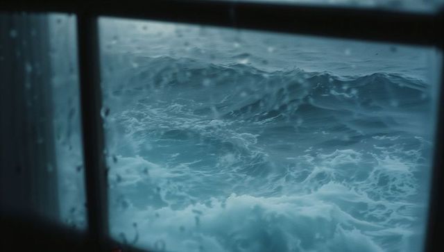 Dramatic Ocean Waves Seen Through Rainy Window