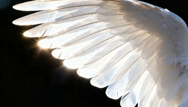 Backlit white bird wing closeup showing translucent feathers, rimlight sparkle
