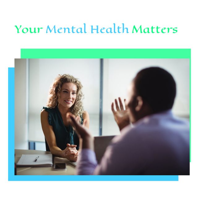 African american man talking to caucasian female therapist, your mental health matters text. Copy space, digital composite, mental health education, awareness, advocacy against social stigma, support.
