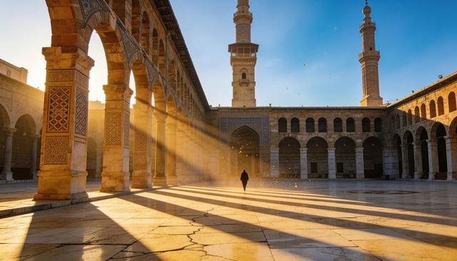 Walking sunlit mosque courtyard with golden arches, minarets and long morning shadows